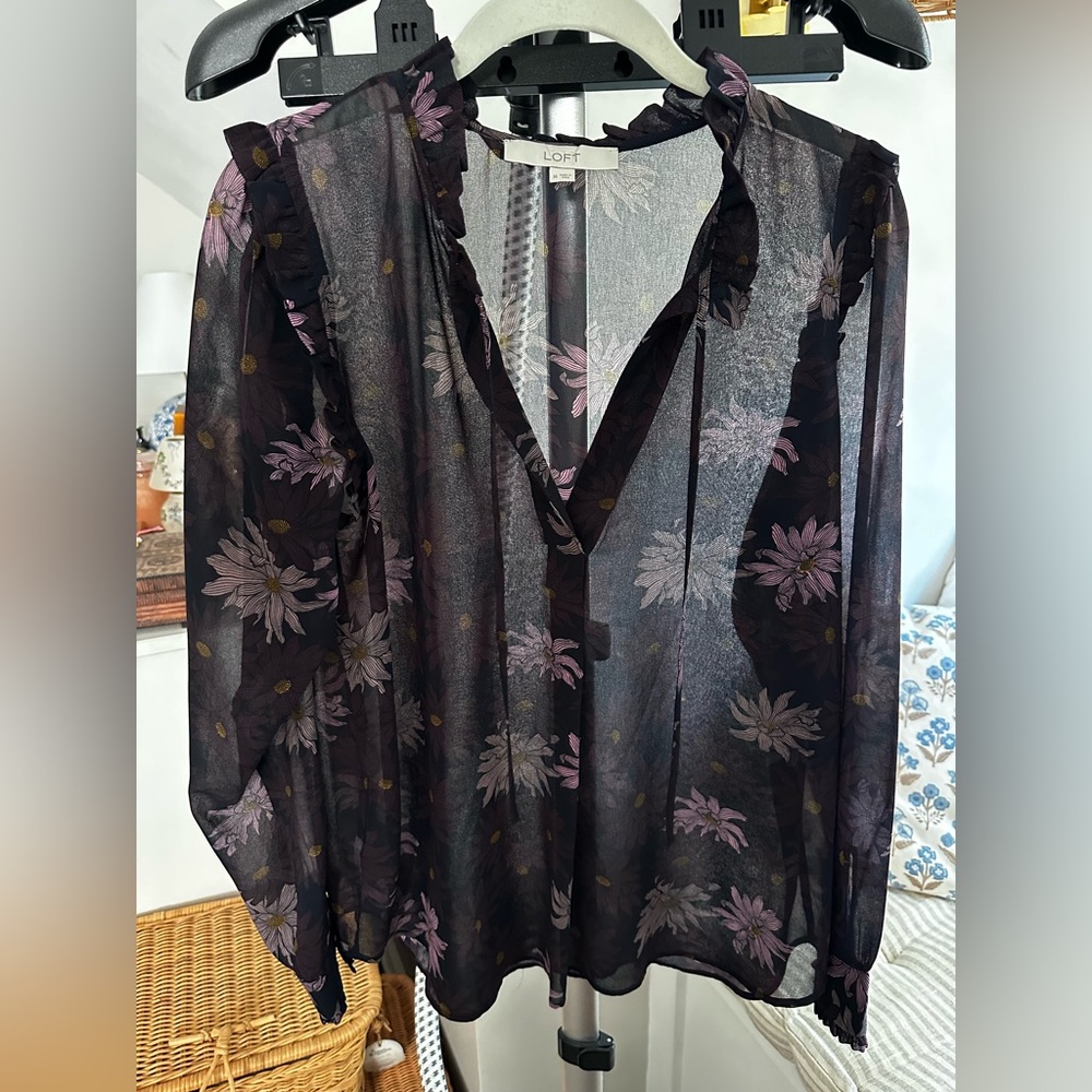 LOFT Sheer Navy and Purple Floral Blouse